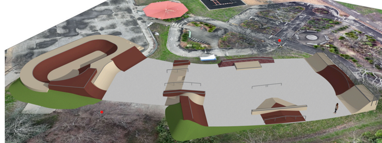 A aerial view of a skate park

Description automatically generated