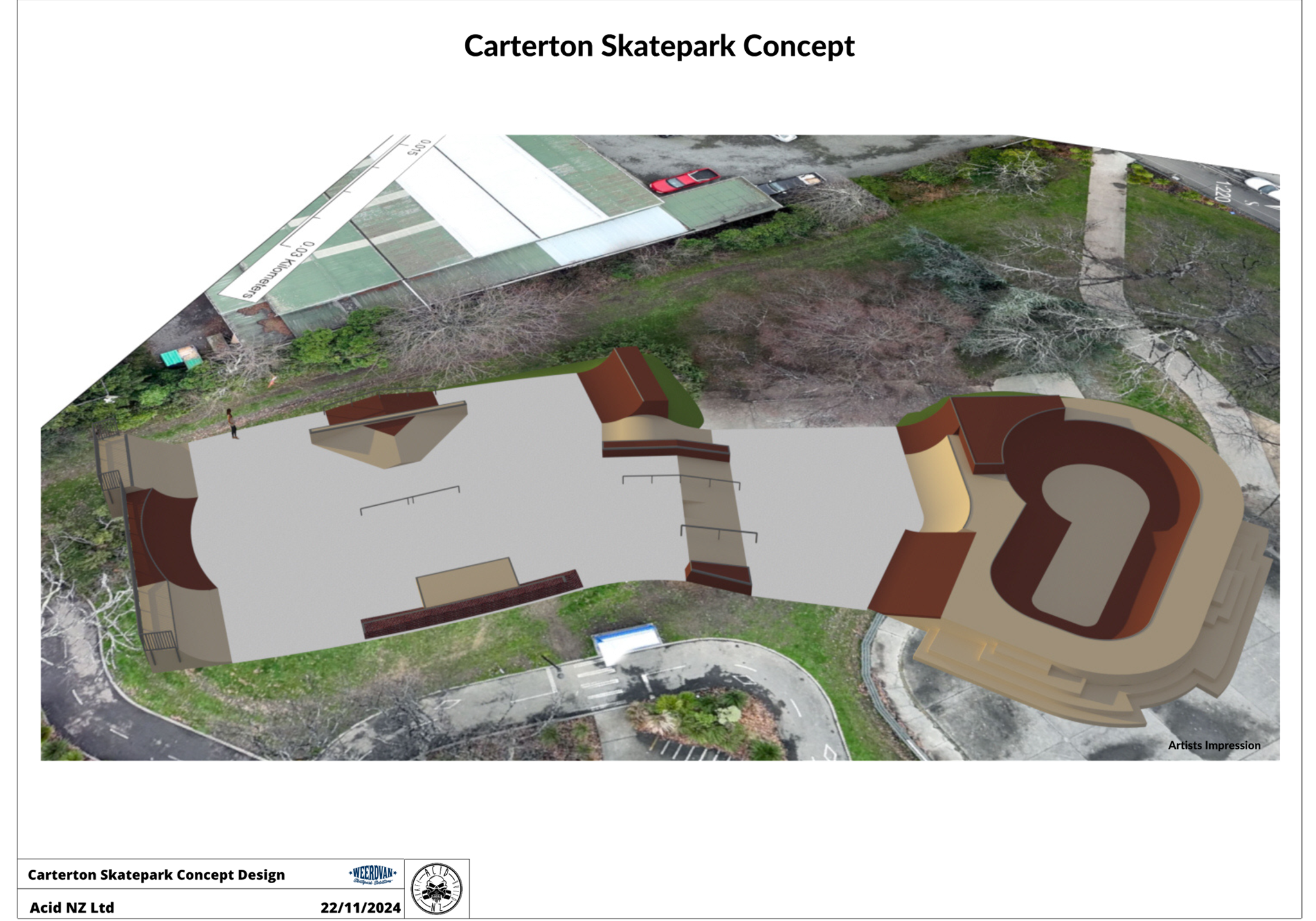 A aerial view of a skate park

Description automatically generated